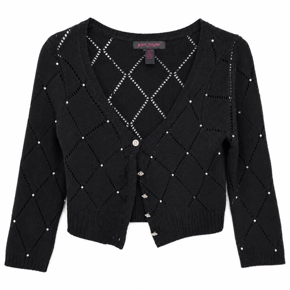 Betsey Johnson Black Cropped Cardigan M Rhinestone Argyle Knit 3/4 Sleeve Y2K